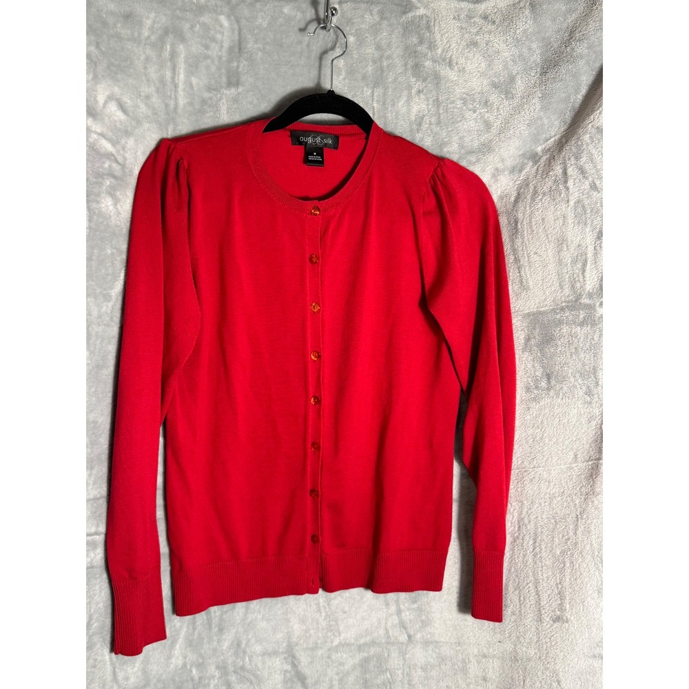 August Silk Red Silk Blend Button Cardigan Sweater Puffed Shoulder 
Womens M‎